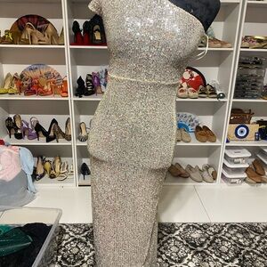 Elegant Silver costum Sequin sheer Dress
